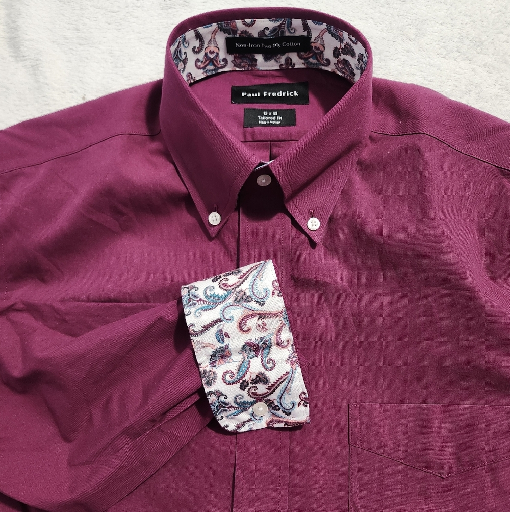 Paul Fredrick Men's Wine Dress Shirt‎ Tailored Fit Paisley Non-Iron Cotton 15x33